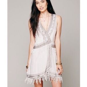 Free People White Beige Embroidered Mini Dress